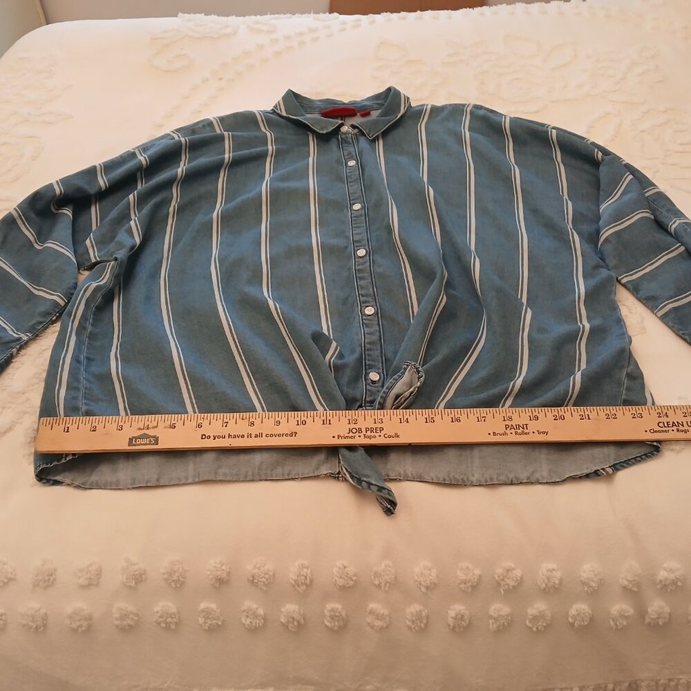 Jennifer Lopez Denim Striped Shirt XXL Chambray LS Buttons Top Tie Bottom - Picture 6 of 10